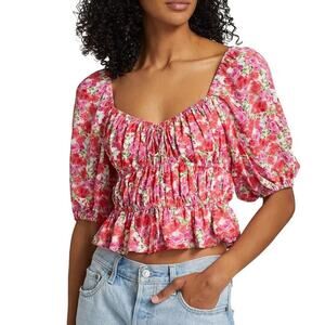 WAYF Avra Sweetheart Neck Peplum Crop Top in Red Purple Roses